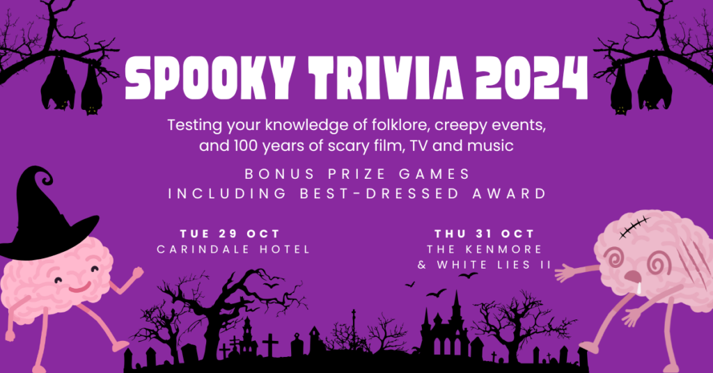 Advertising banner for 2024 Spooky Trivia halloween quiz night in Brisbane,